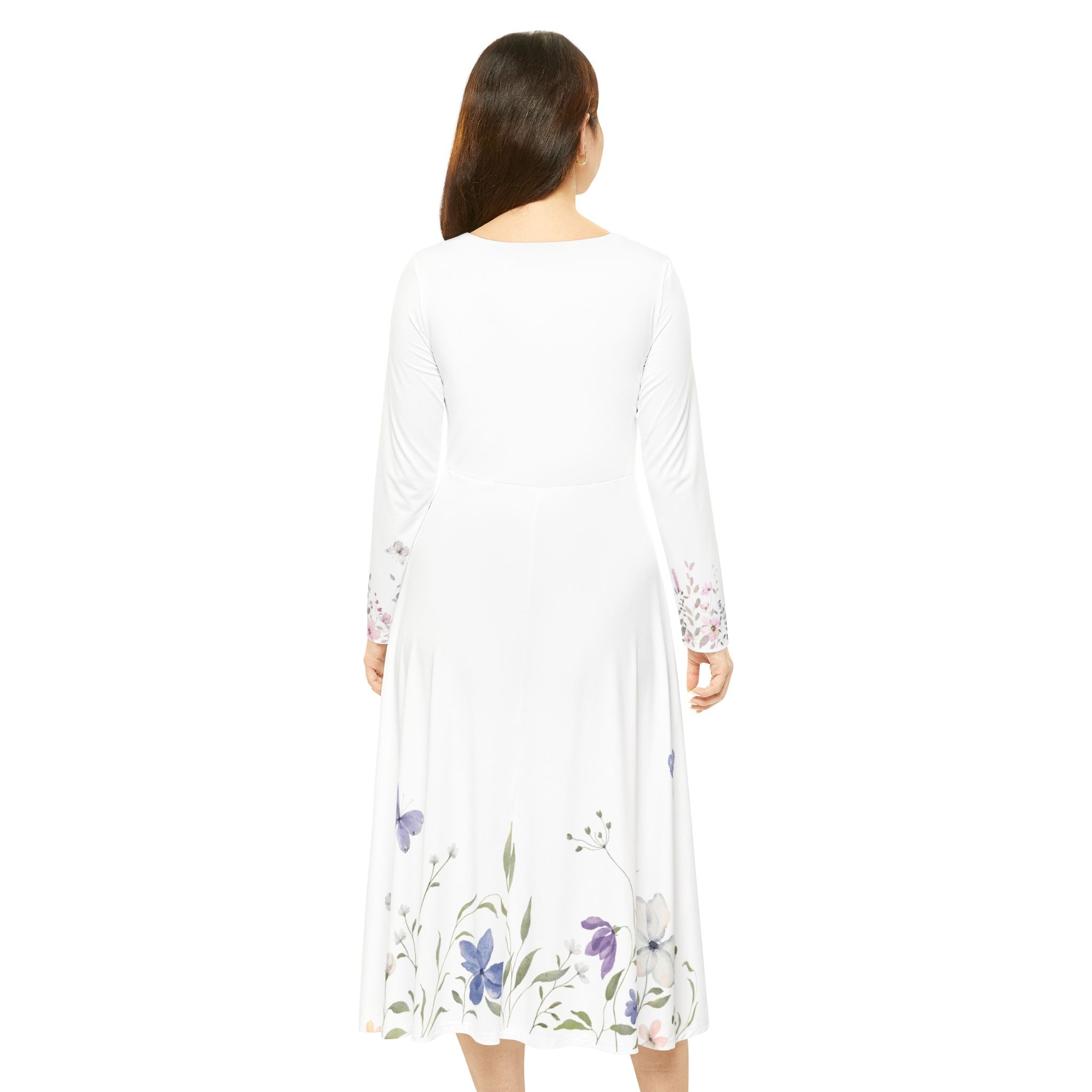 Floral Ballet Dress — Long Sleeve AOP Dance Gown with Butterfly Accents